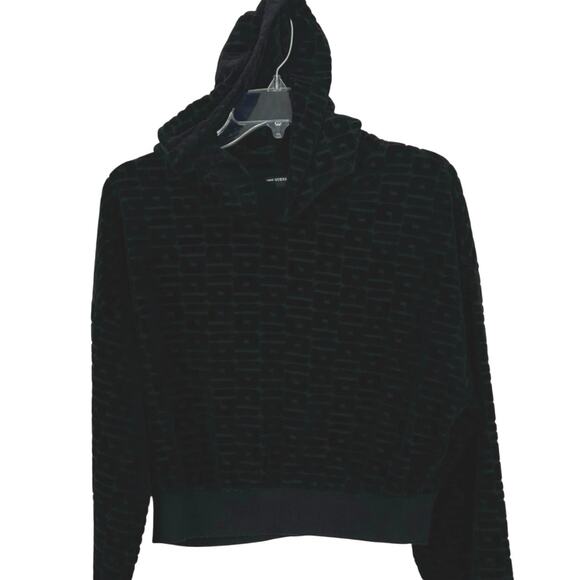 Guess Tops - Guess Women Burnout Cropped Hoodie Sweatshirt Long Sleeve Black Y2K Size Medium